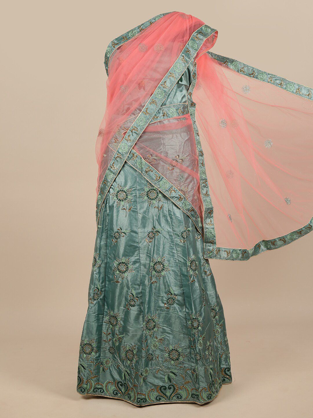 Pothys Pink & Blue Embroidered Zardozi Unstitched Lehenga & Blouse With Dupatta Price in India
