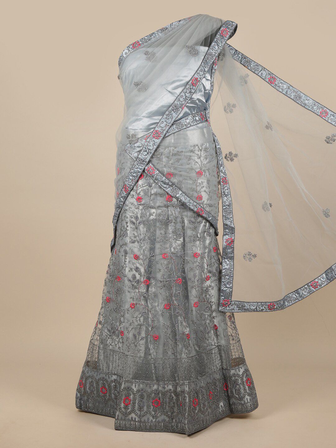 Pothys Grey & Pink Embroidered Unstitched Lehenga & Blouse With Dupatta Price in India