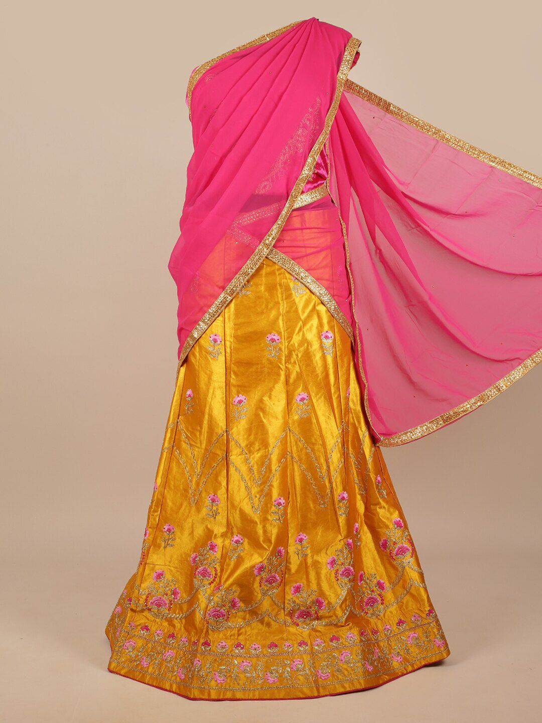 Pothys Woman Pink & Yellow Embroidered Unstitched Lehenga & Blouse With Dupatta Price in India