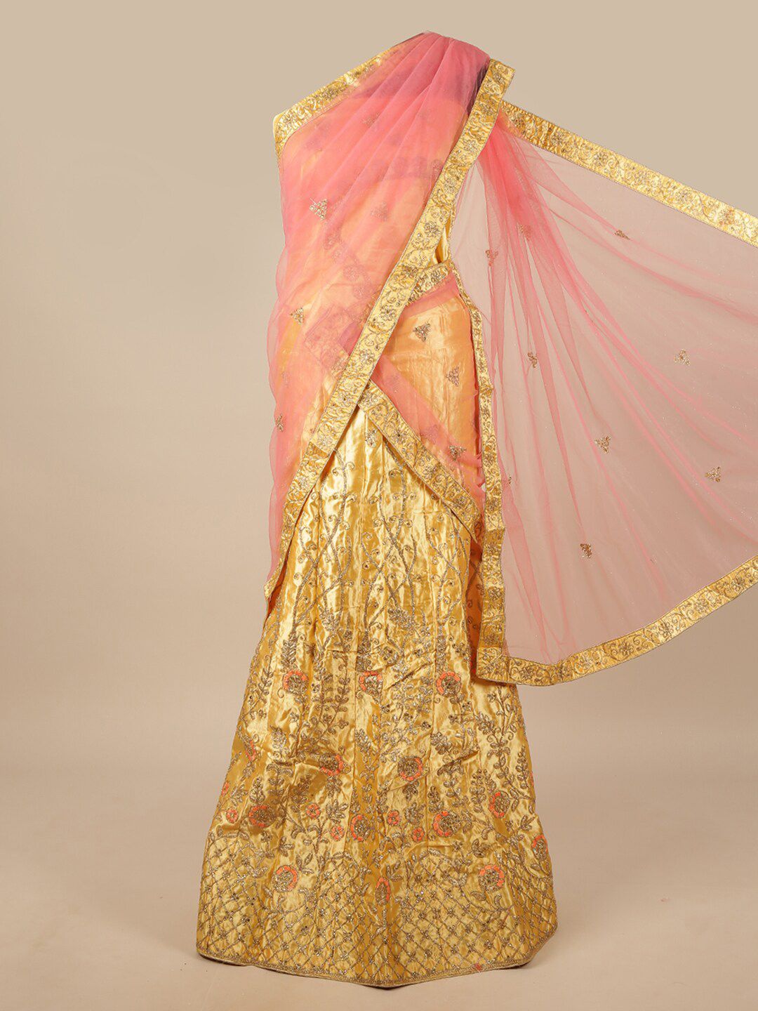 Pothys Pink & Yellow Embroidered Unstitched Lehenga & Blouse With Dupatta Price in India