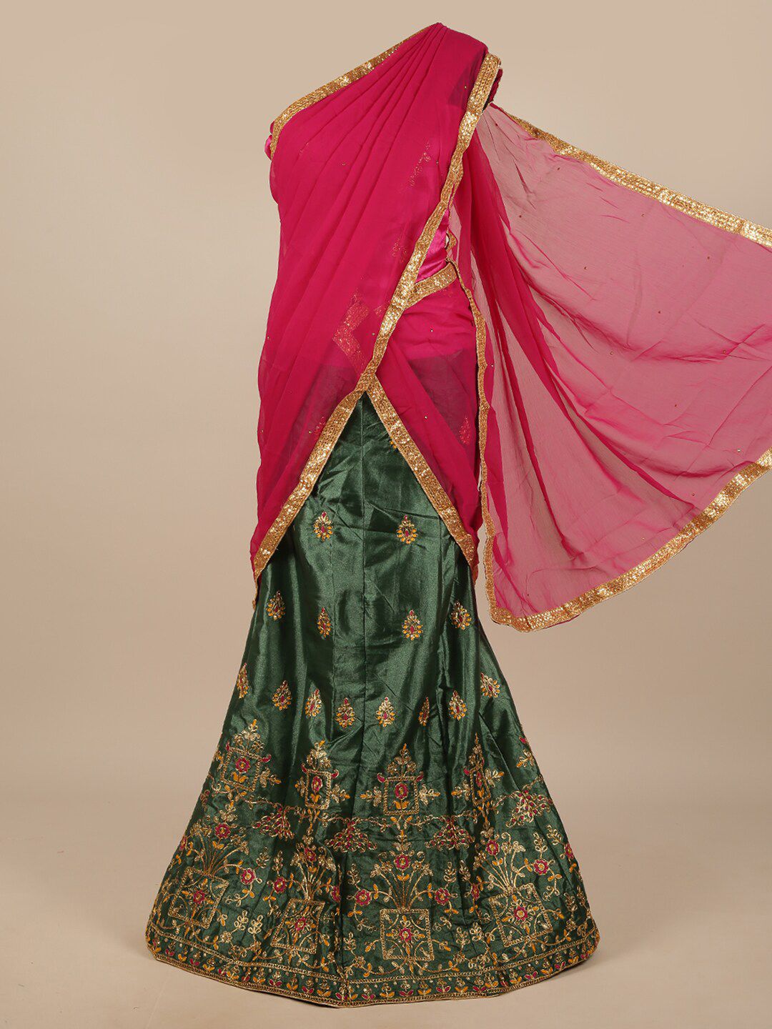 Pothys Green & Pink Embroidered Unstitched Lehenga & Blouse With Dupatta Price in India
