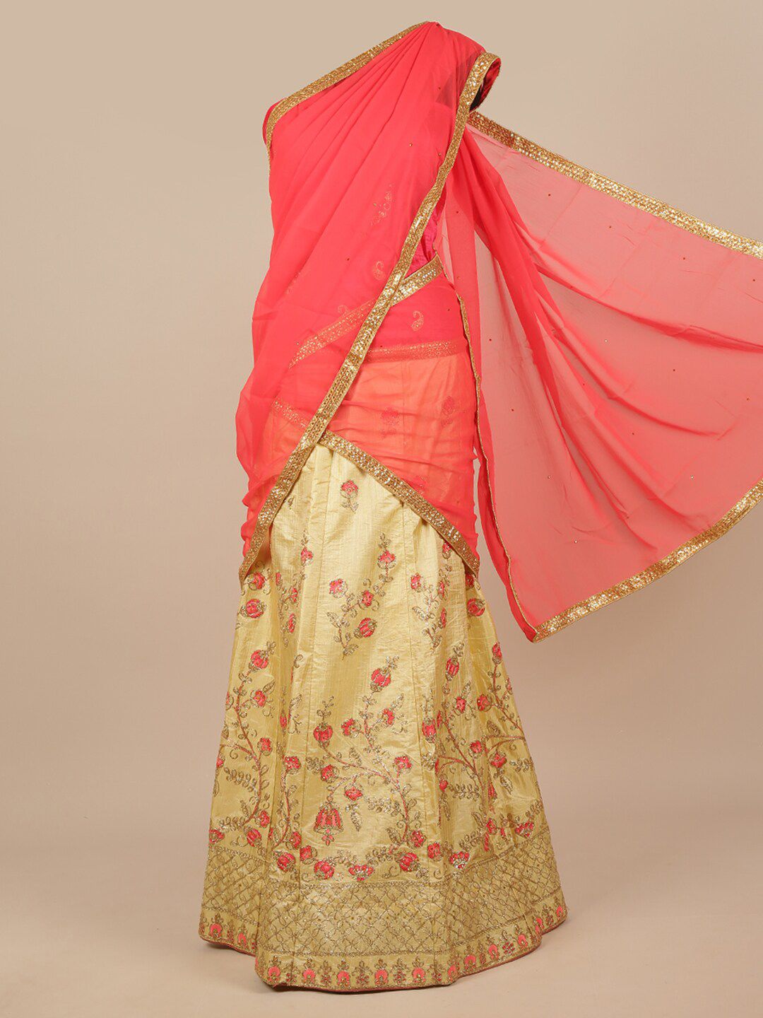 Pothys Fuchsia & Cream-Coloured Embroidered Unstitched Lehenga & Blouse With Dupatta Price in India