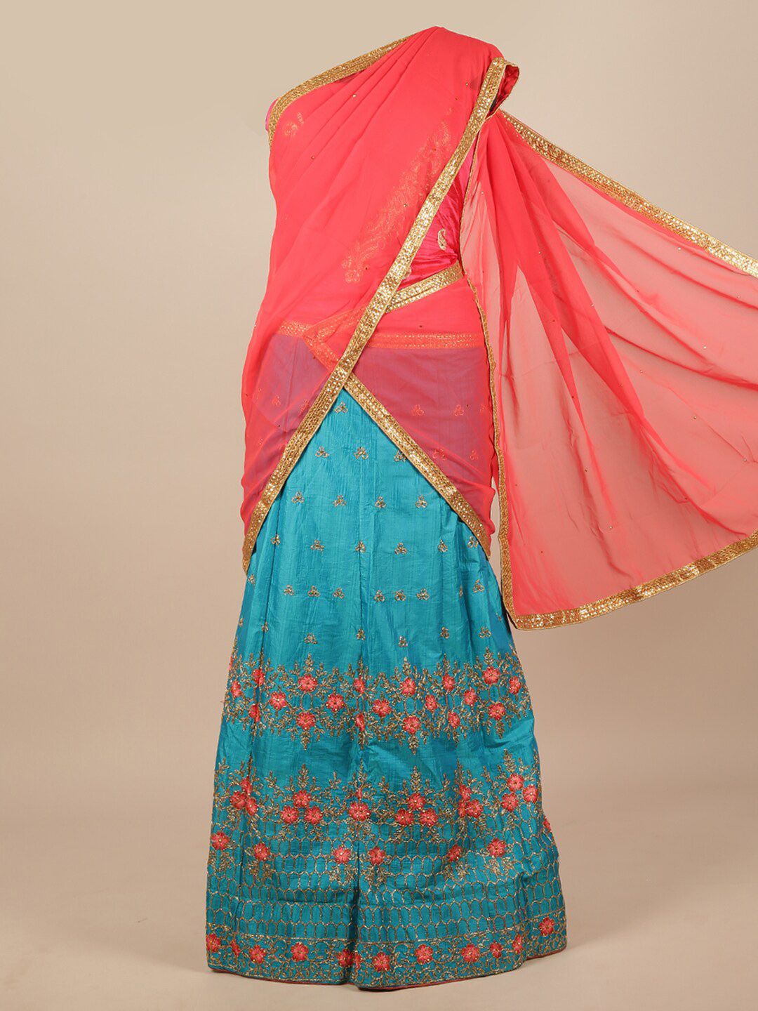 Pothys Pink & Blue Embroidered Unstitched Lehenga & Blouse With Dupatta Price in India