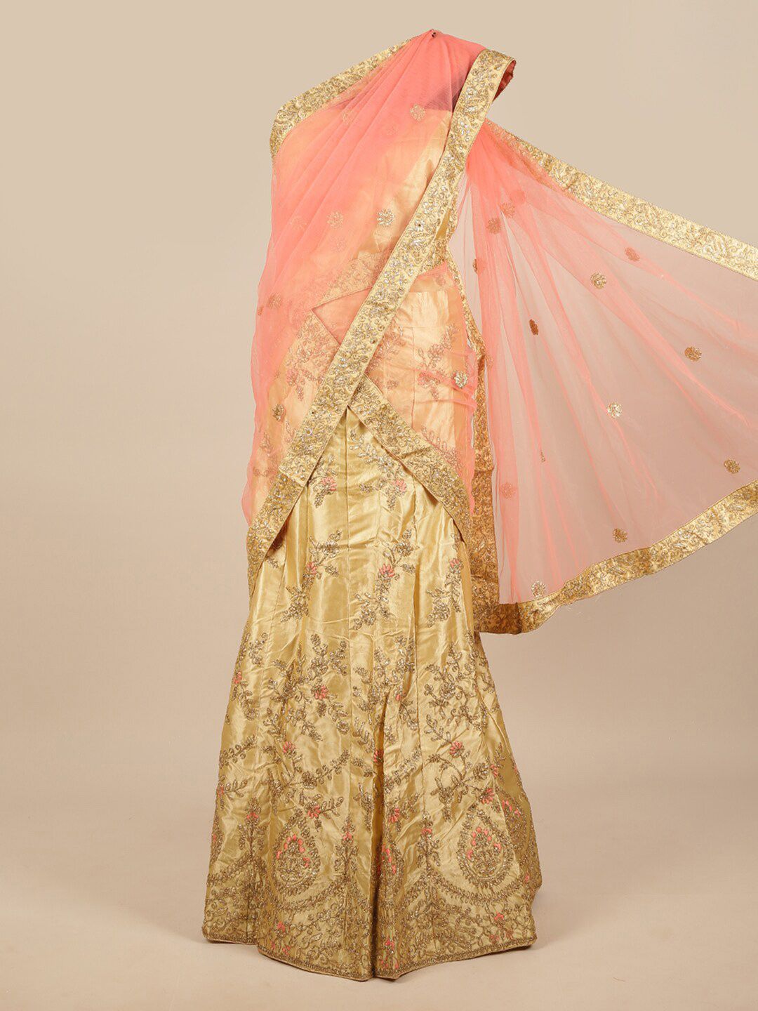 Pothys Woman Pink & Gold-Toned Embroidered Unstitched Lehenga & Blouse With Dupatta Price in India