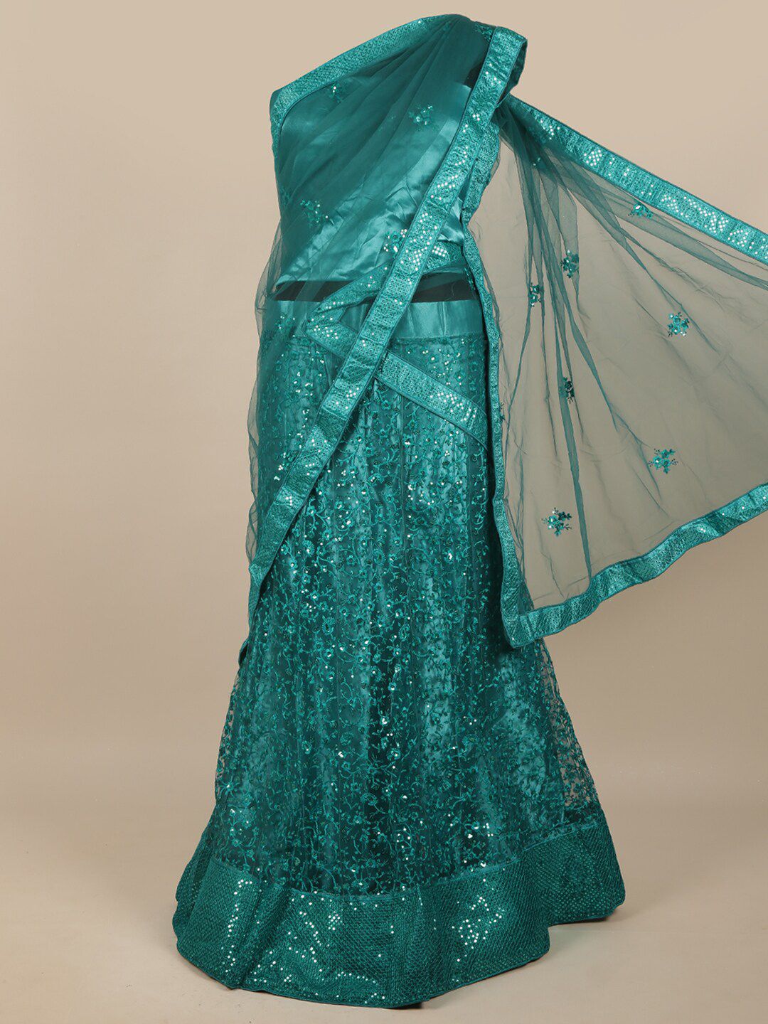 Pothys Teal Green Embroidered Sequinned Unstitched Lehenga & Blouse With Dupatta Price in India