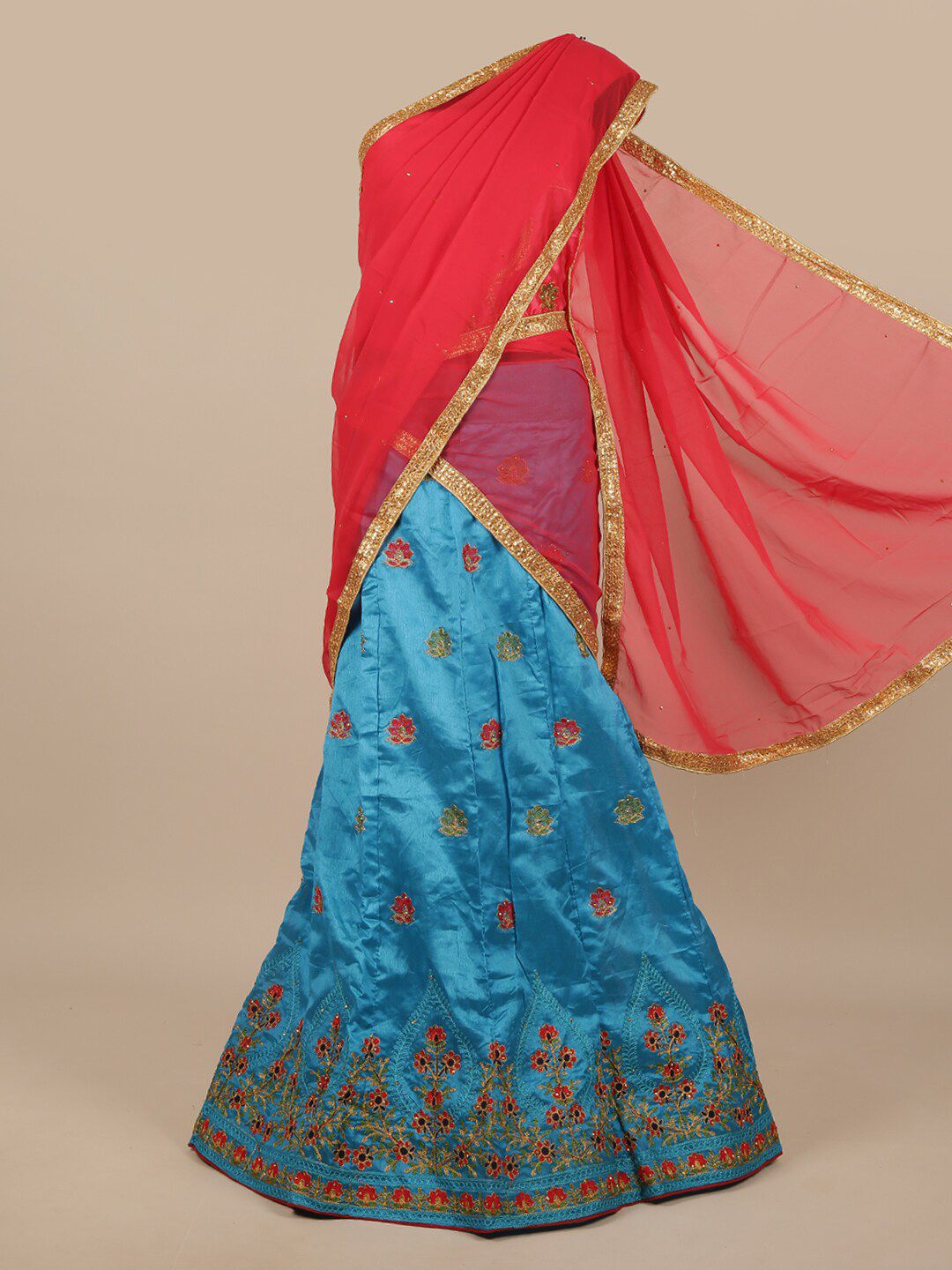 Pothys Pink & Blue Embroidered Unstitched Lehenga & Blouse With Dupatta Price in India