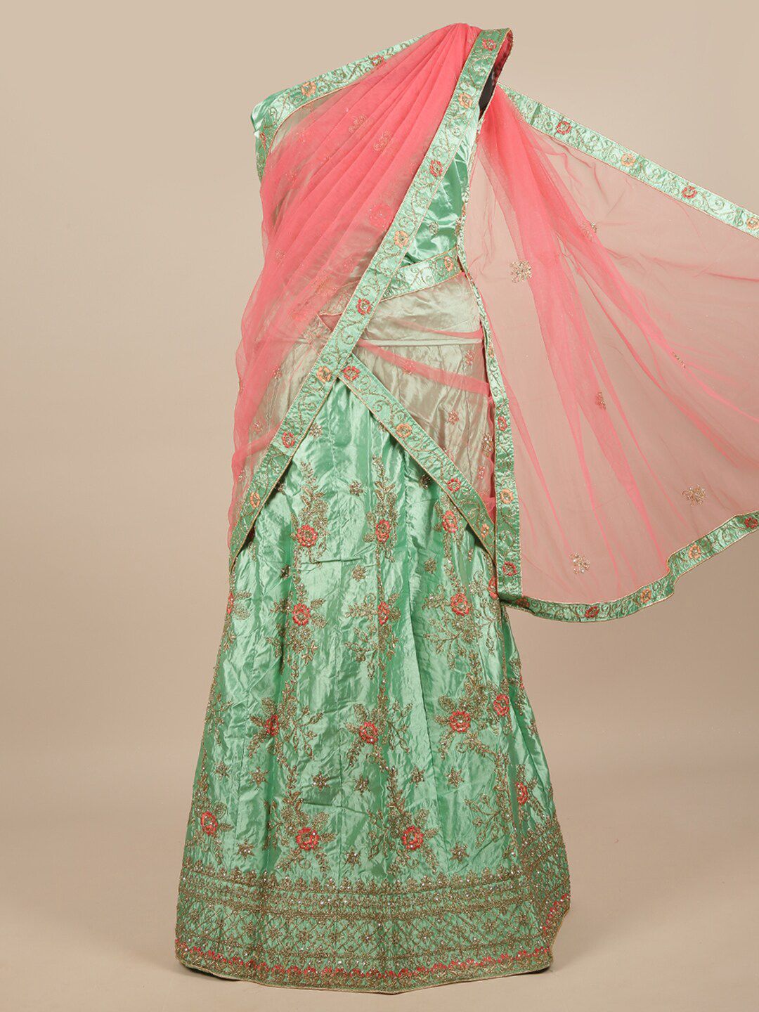 Pothys Pink & Green Embroidered Unstitched Lehenga & Blouse With Dupatta Price in India