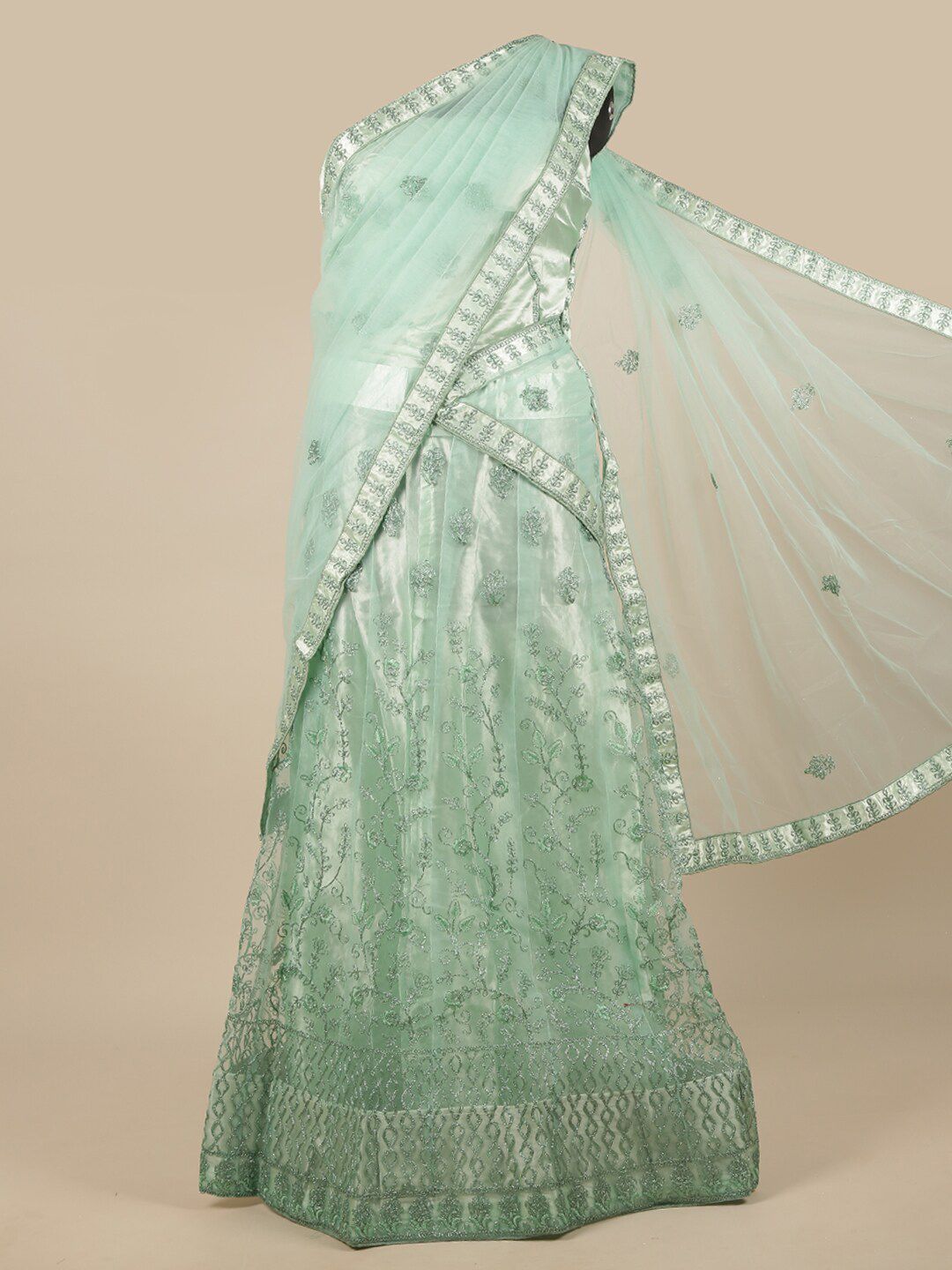 Pothys Green & Silver-Toned Embroidered Unstitched Lehenga & Blouse With Dhavani Price in India