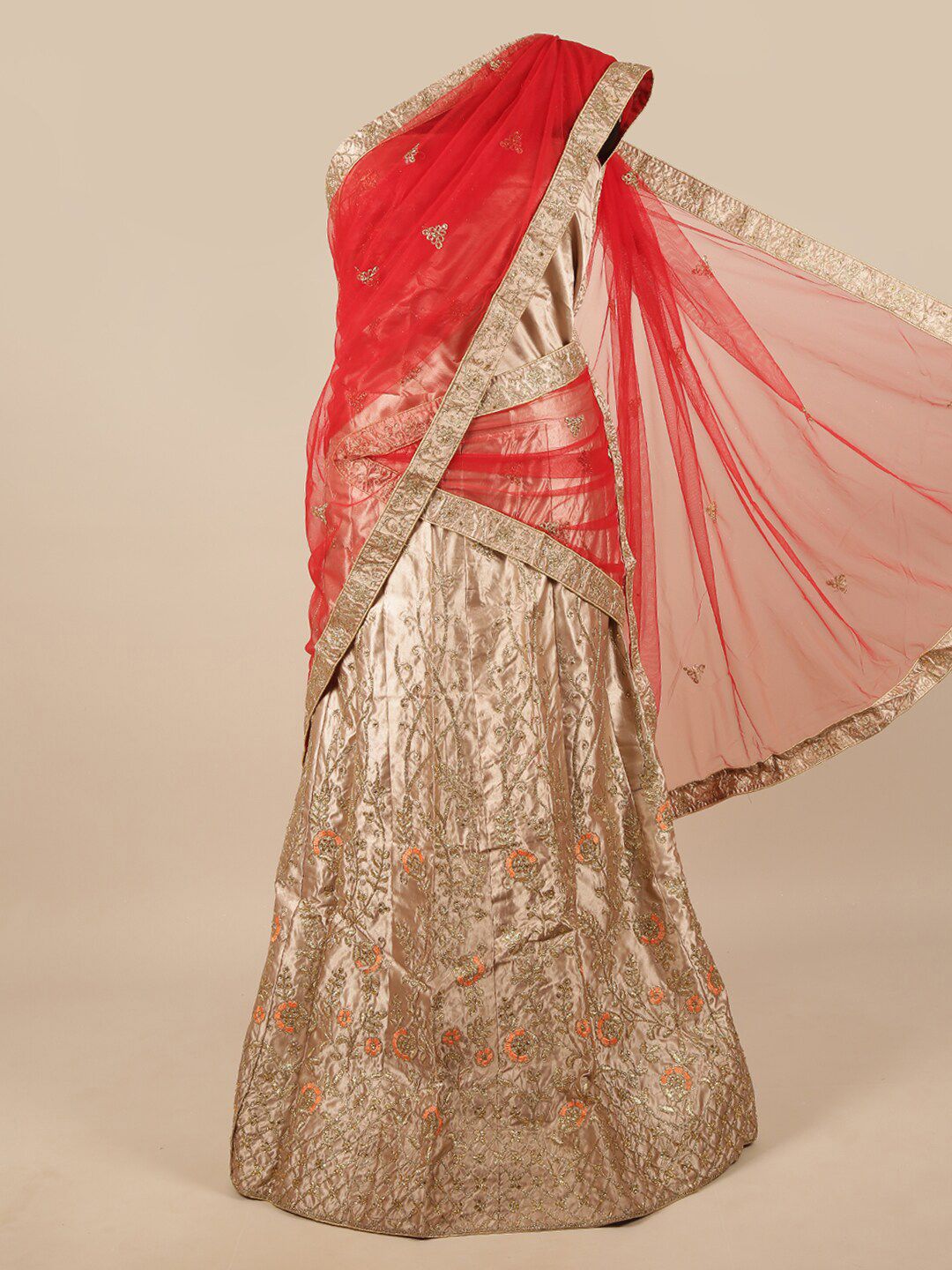 Pothys Red & Cream-Coloured Embroidered Unstitched Lehenga & Blouse With Dupatta Price in India