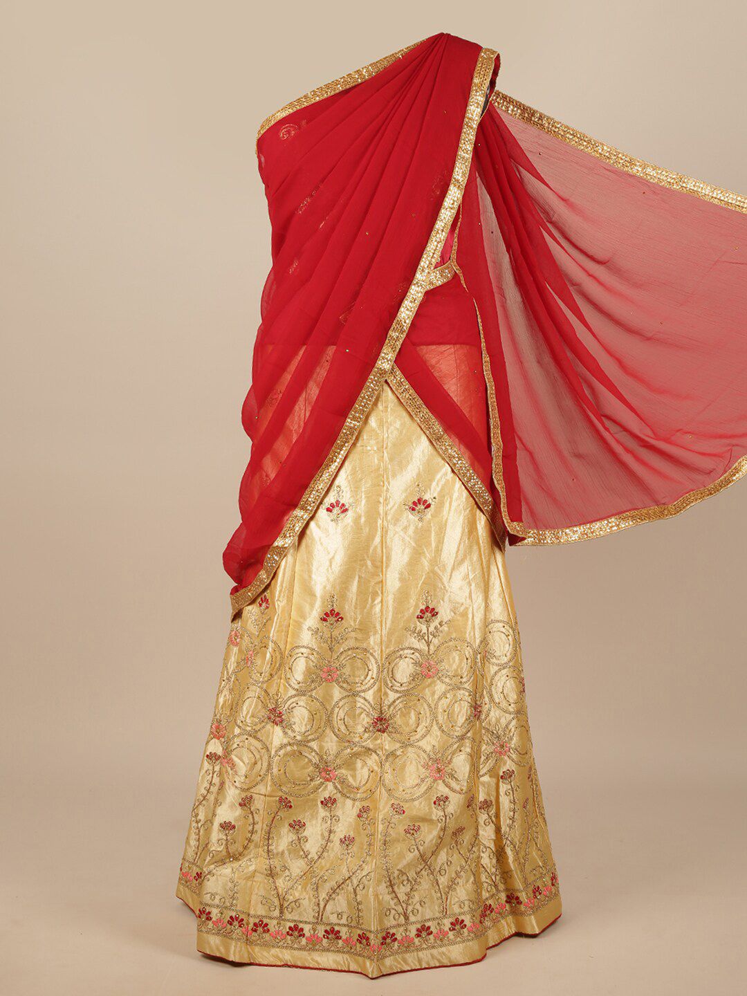 Pothys Red & Beige Embroidered Unstitched Lehenga & Blouse With Dupatta Price in India