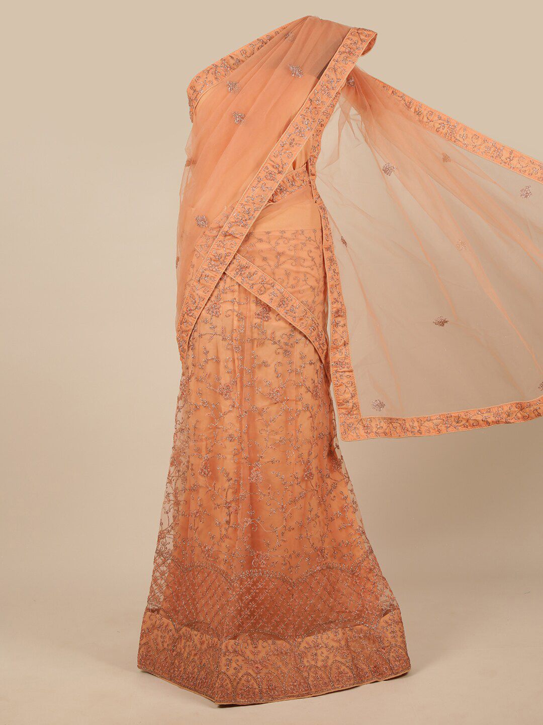 Pothys Peach-Coloured Embroidered Unstitched Lehenga & Blouse With Dupatta Price in India