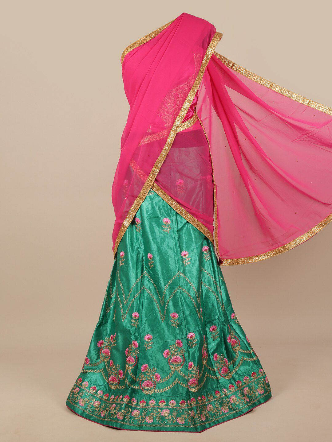 Pothys Pink & Green Embroidered Zardozi Unstitched Lehenga & Blouse With Dupatta Price in India