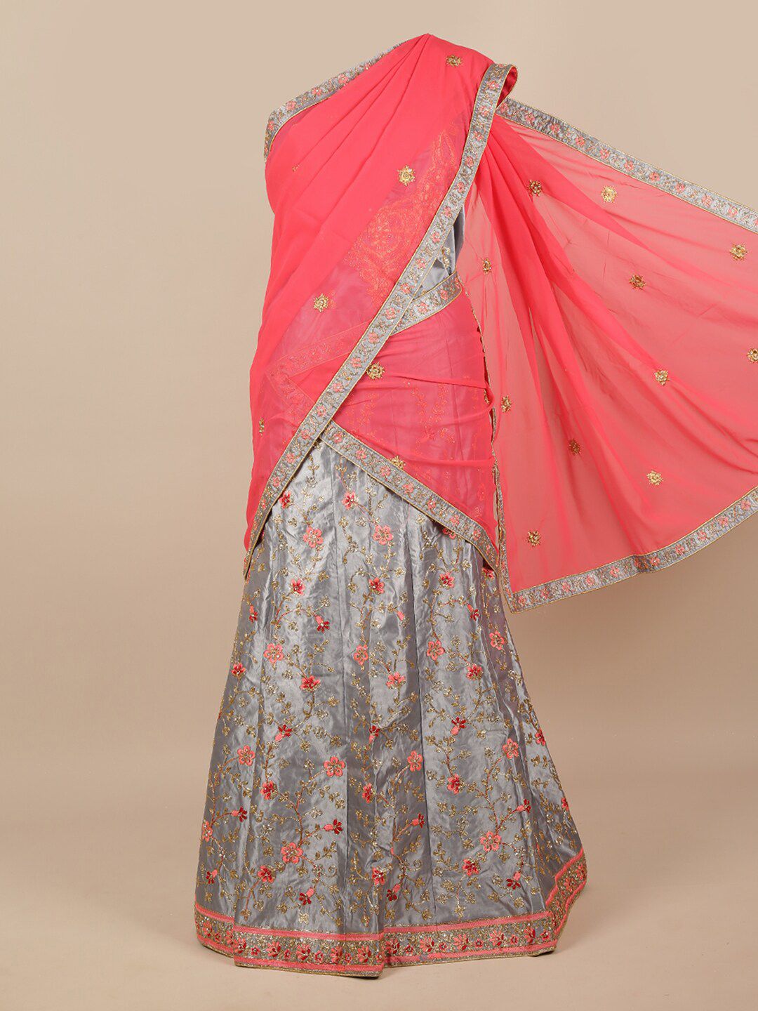 Pothys Pink & Grey Embroidered Unstitched Lehenga & Blouse With Dupatta Price in India