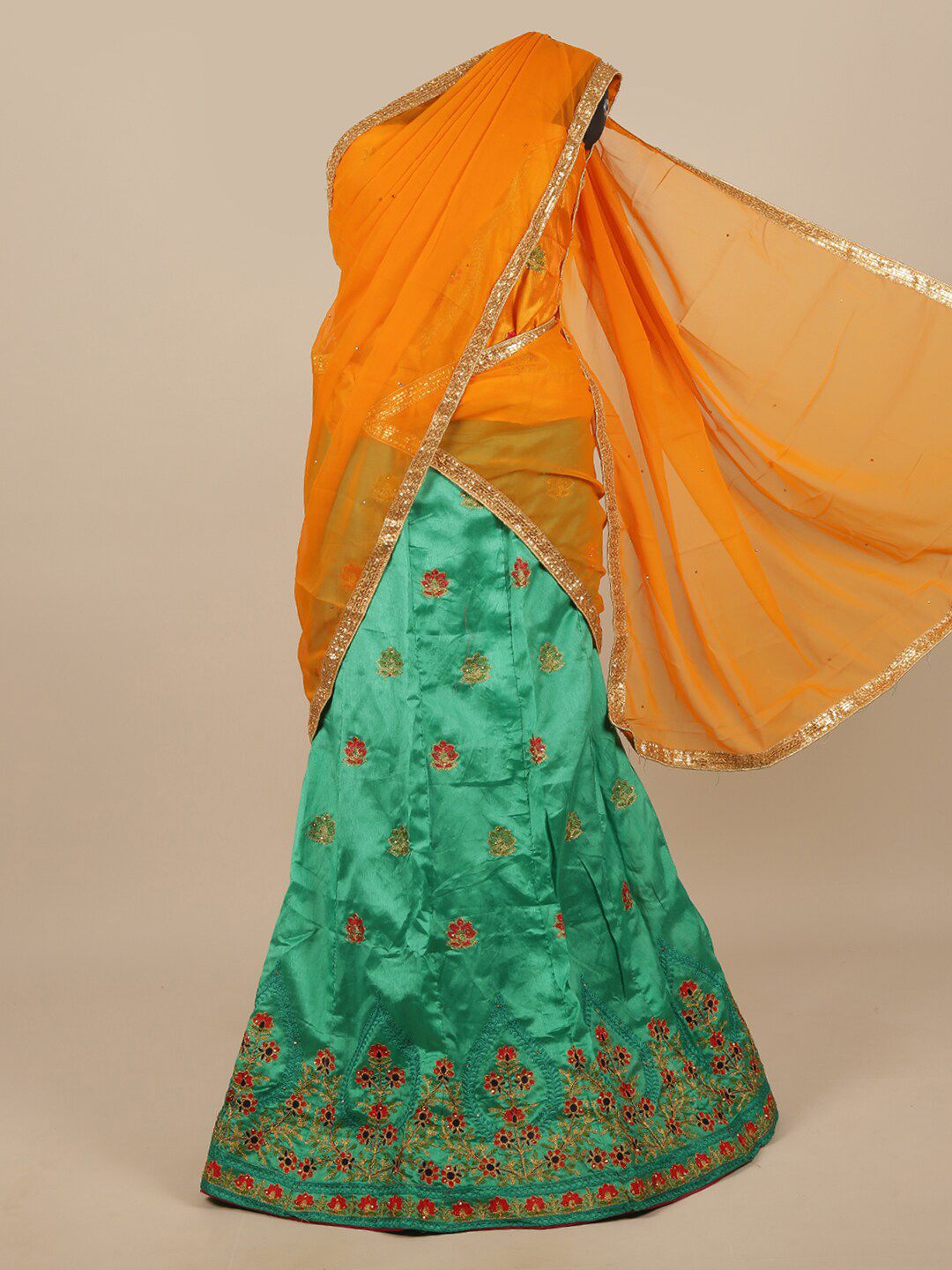 Pothys Mustard Yellow & Green Embroidered Unstitched Lehenga & Blouse With Dupatta Price in India