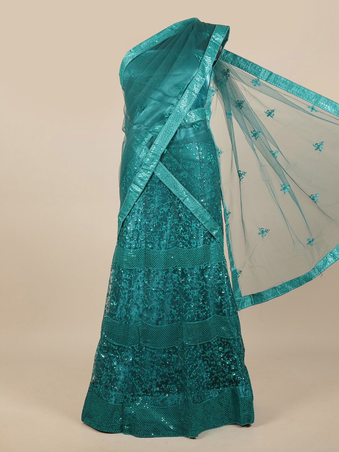 Pothys Woman Teal Embroidered Unstitched Lehenga & Blouse With Dupatta Price in India