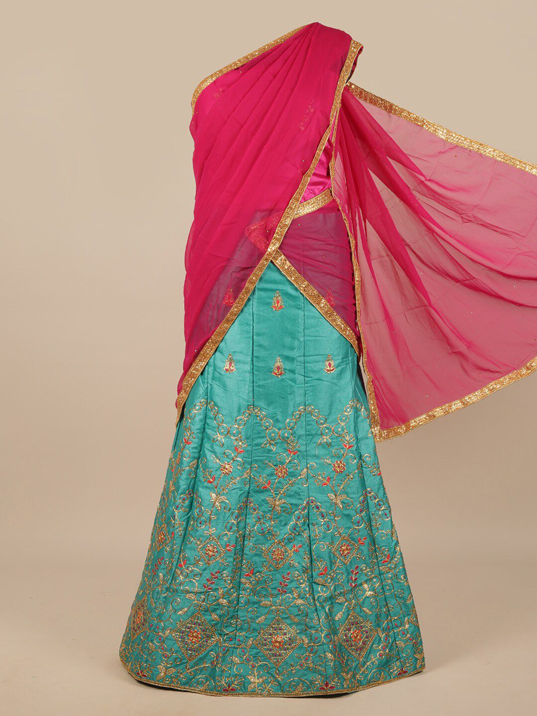 Pothys Pink & Blue Embroidered Unstitched Lehenga & Blouse With Dupatta Price in India