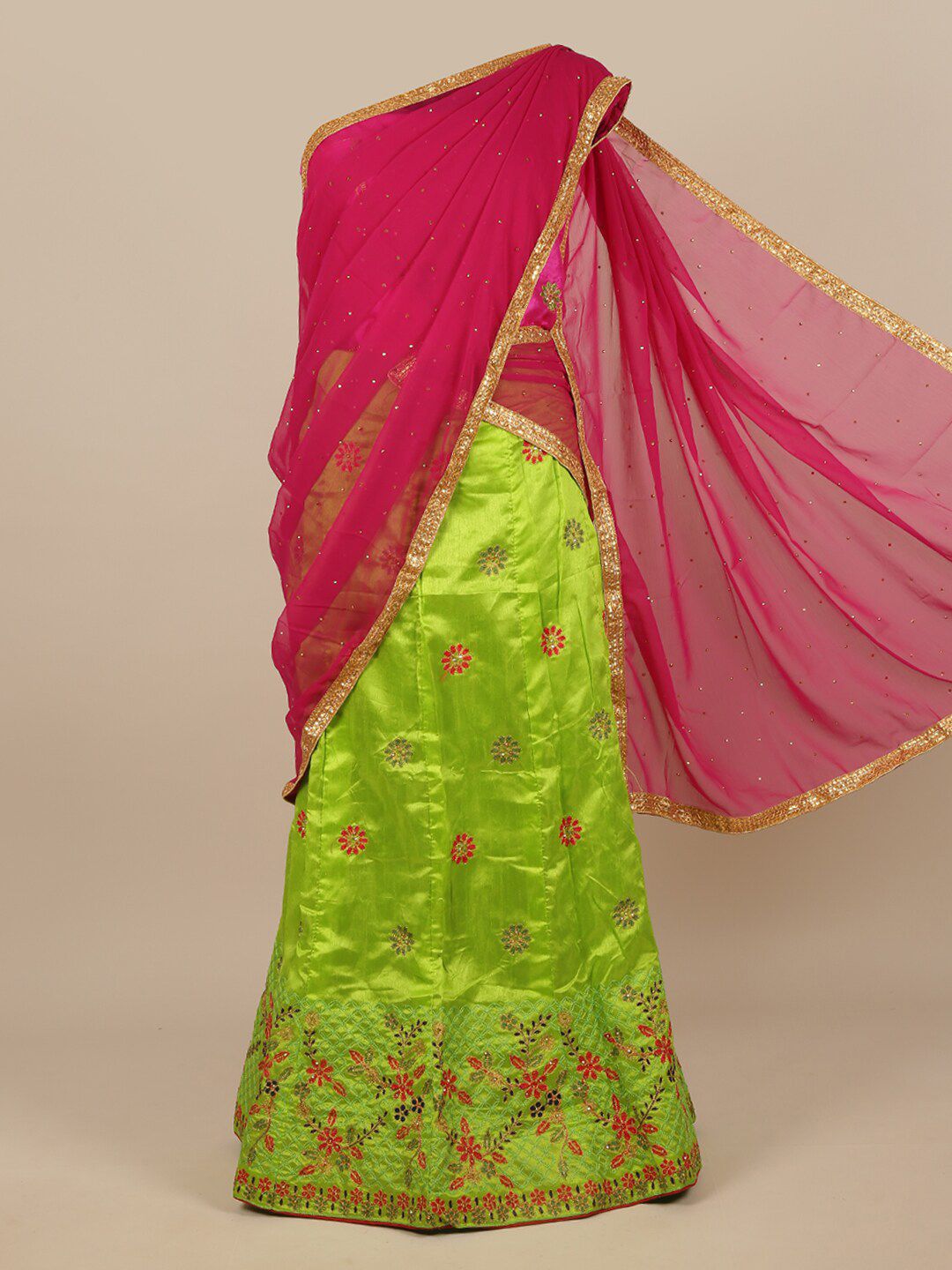 Pothys Pink & Green Embroidered Unstitched Lehenga & Blouse With Dupatta Price in India