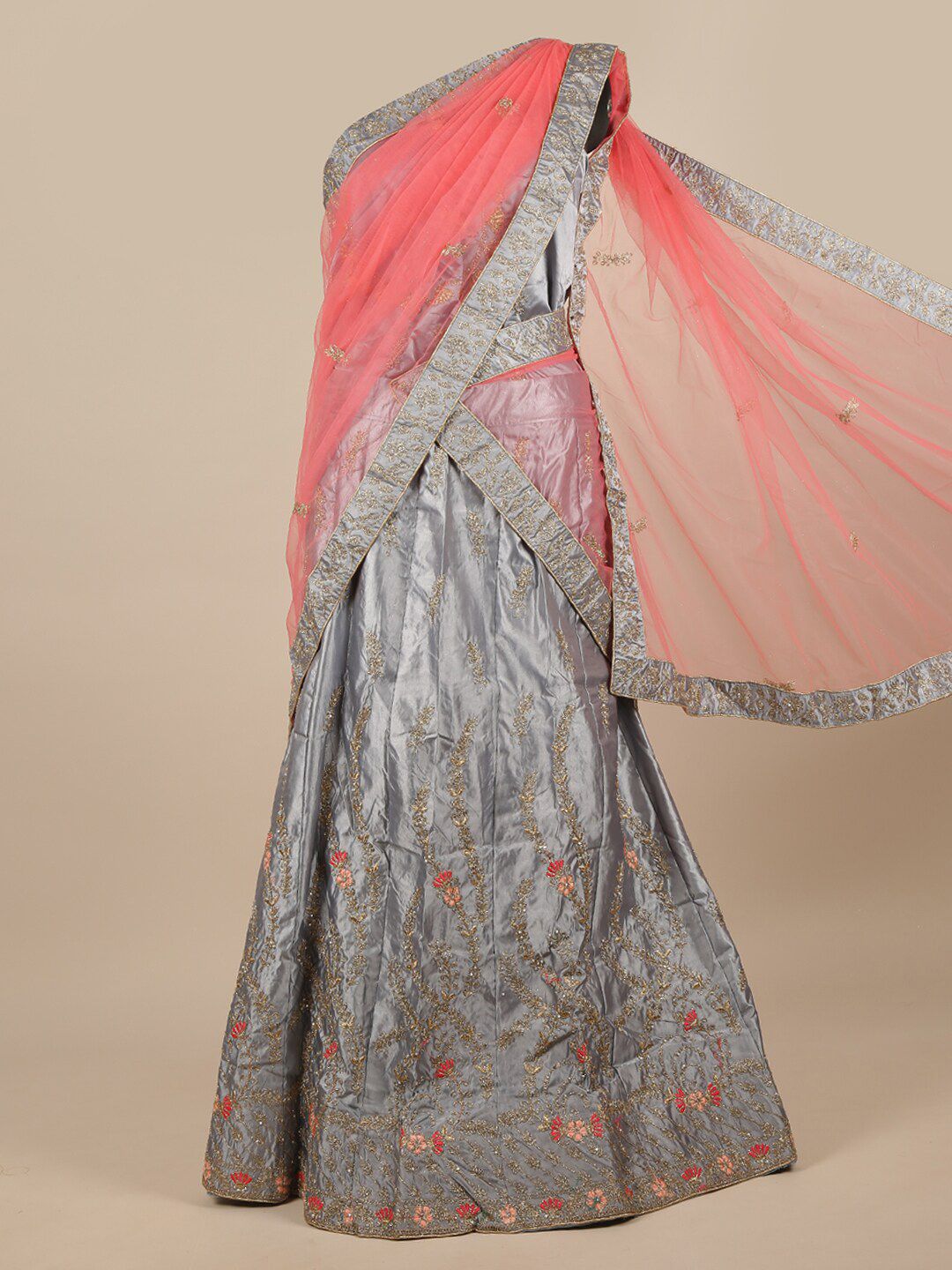 Pothys Pink & Grey Embroidered Unstitched Net Lehenga & Blouse With Dhavani Price in India