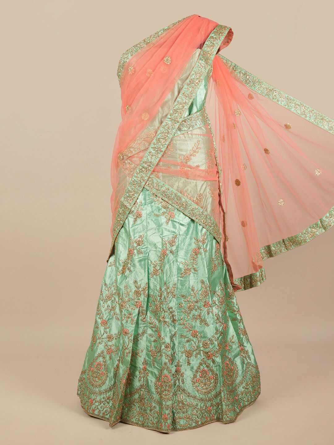 Pothys Pink & Green Embroidered Unstitched Lehenga & Blouse With Dupatta Price in India