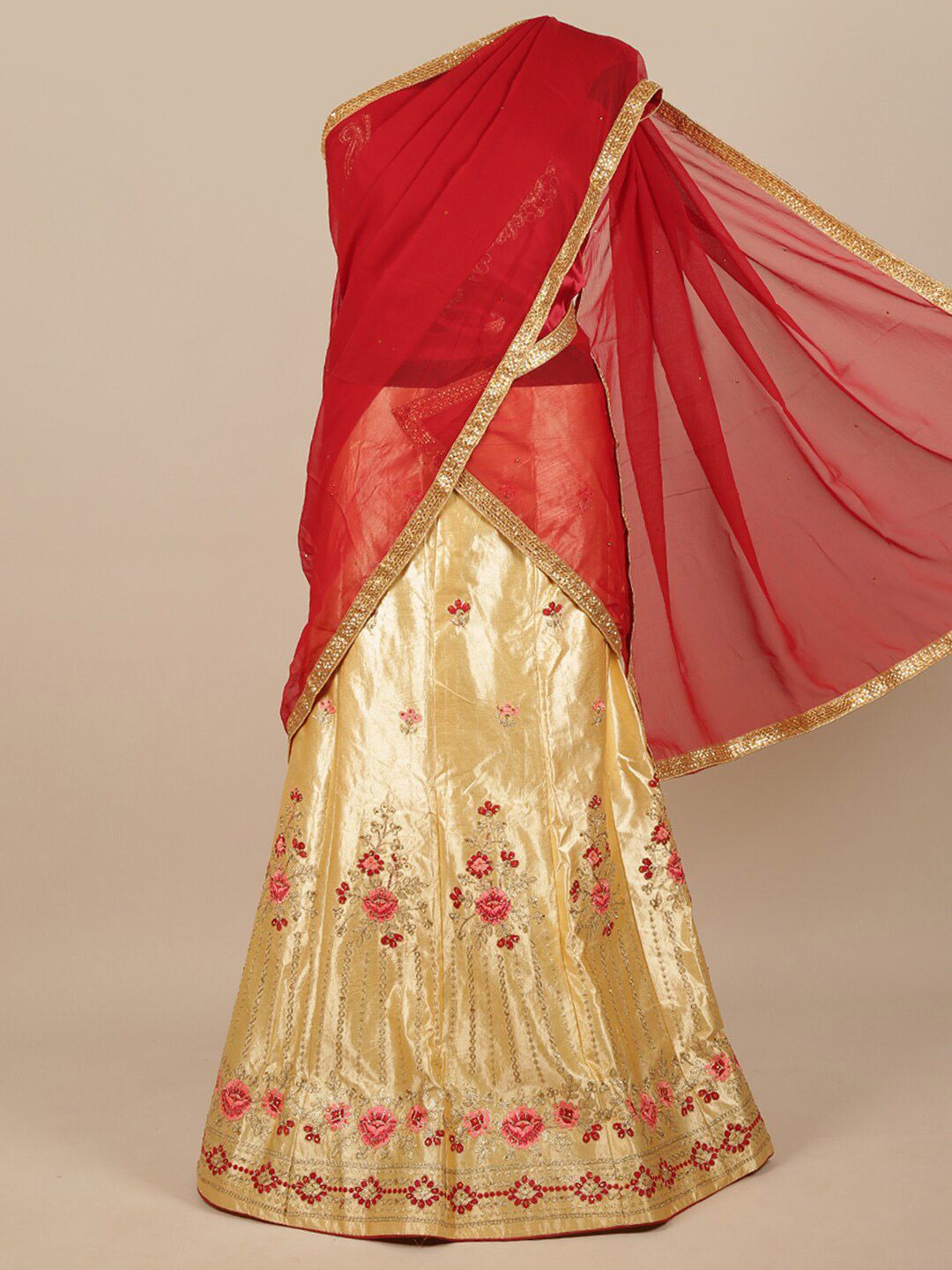 Pothys Red & Beige Embroidered Thread Work Unstitched Lehenga & Blouse With Dupatta Price in India