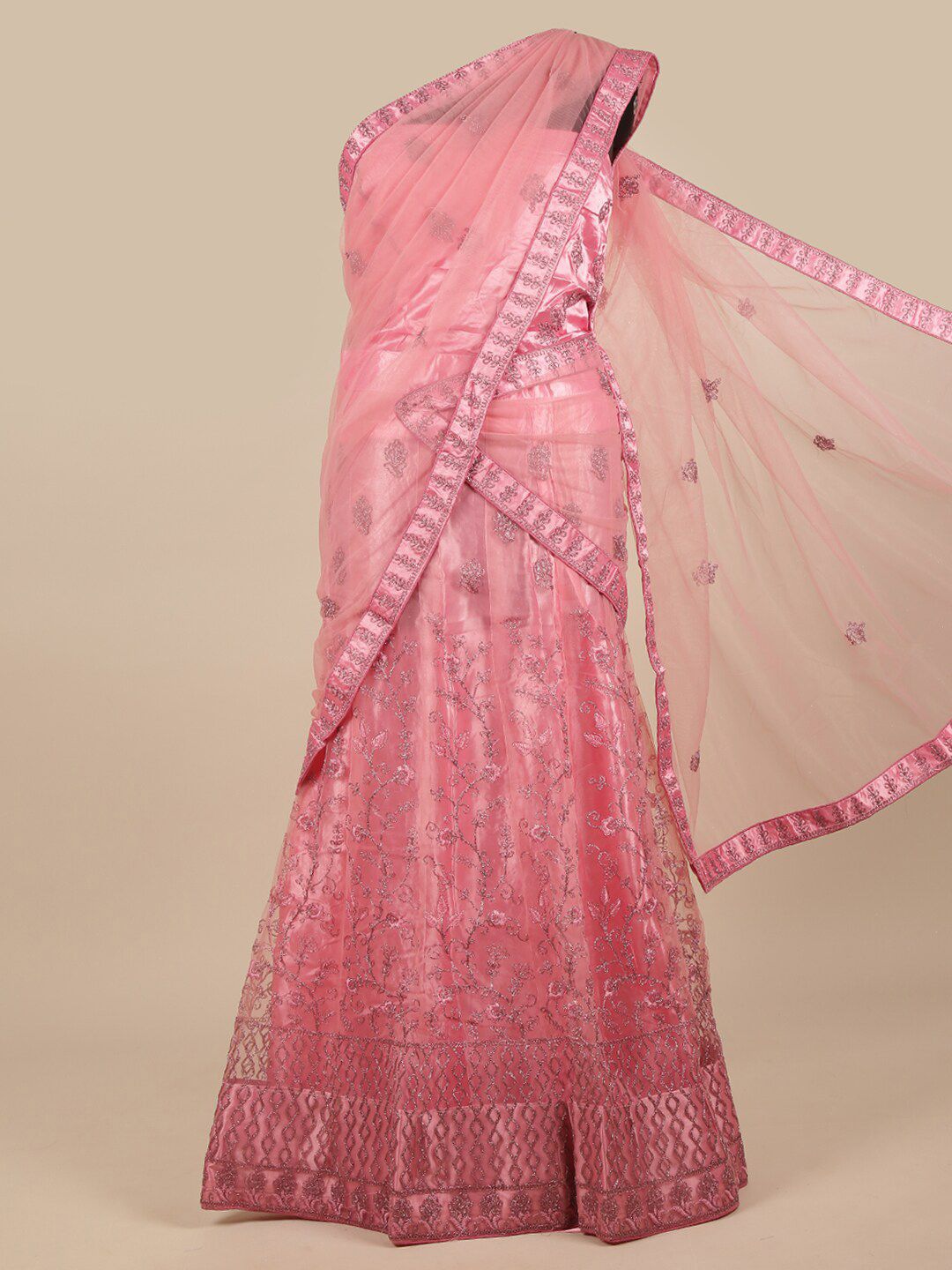 Pothys Pink & Silver-Toned Embellished Zardozi Unstitched Lehenga & Blouse With Dupatta Price in India