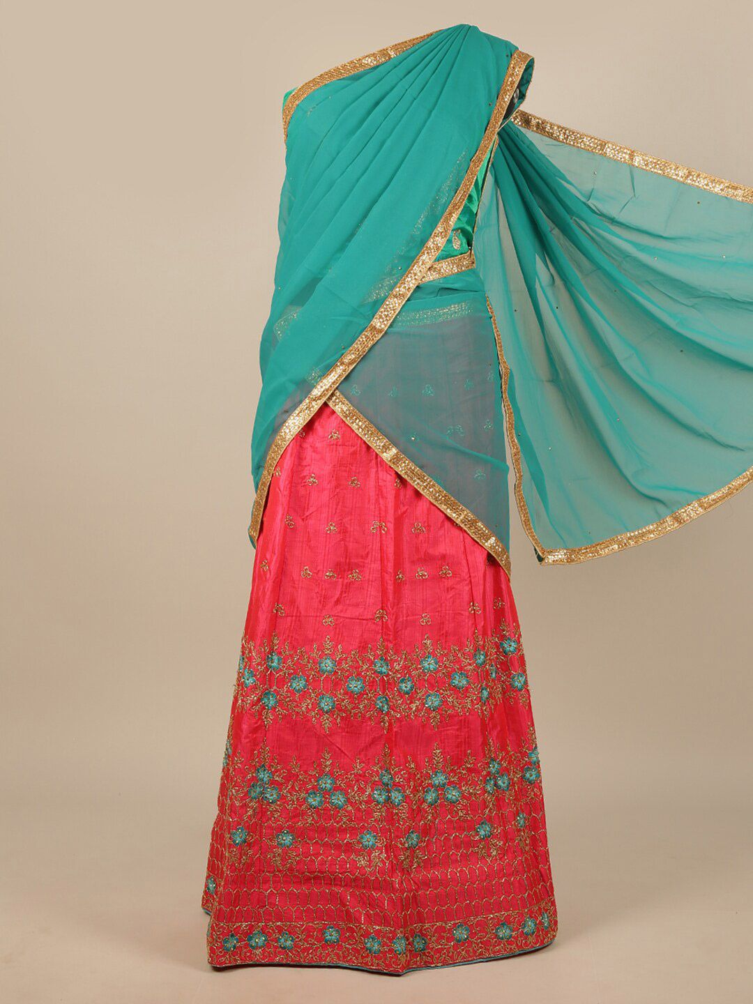 Pothys Women Blue & Pink Embroidered Lehenga Half Saree Price in India