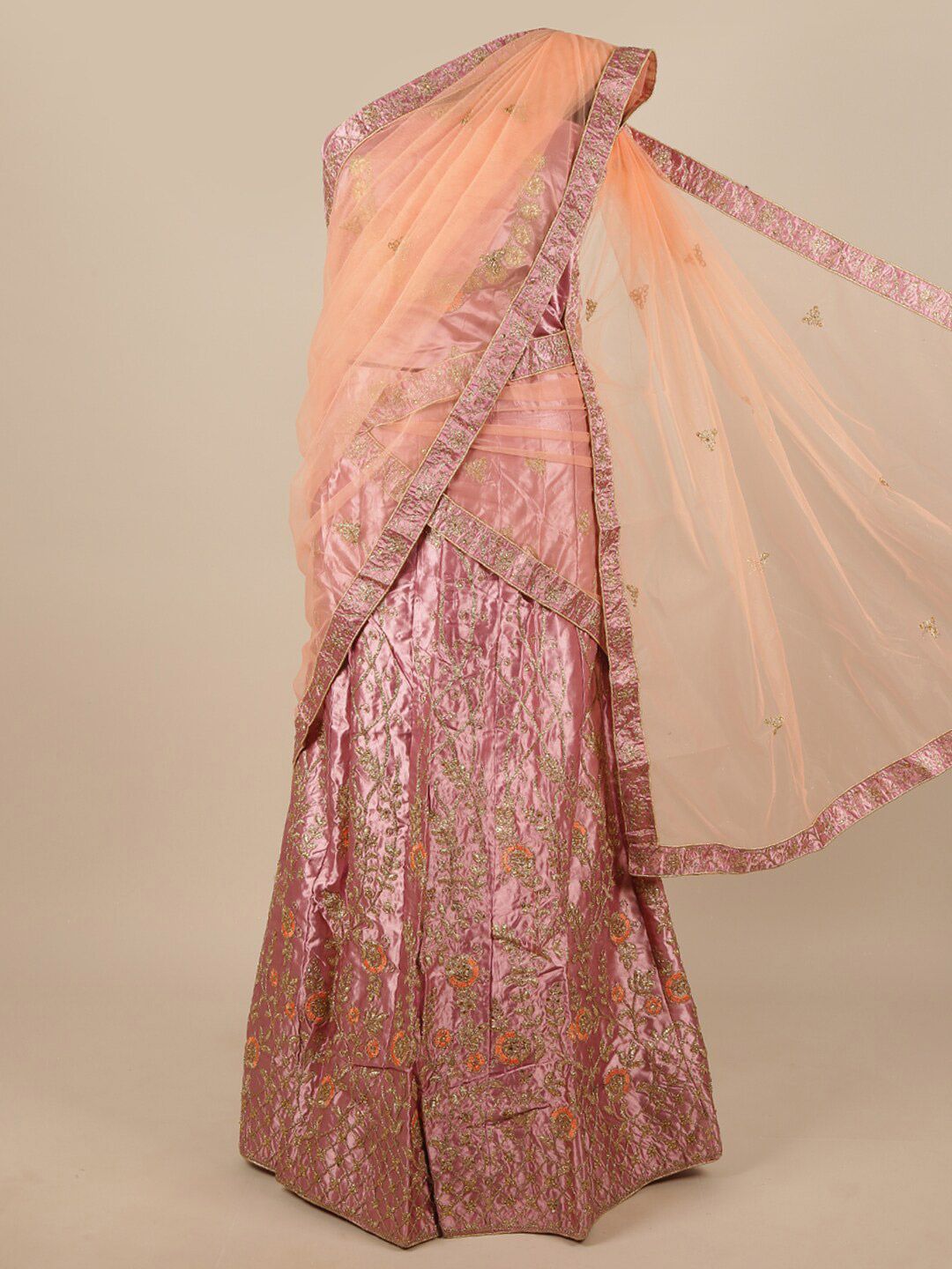 Pothys Peach-Coloured & Pink Embellished Unstitched Lehenga & Blouse With Dupatta Price in India