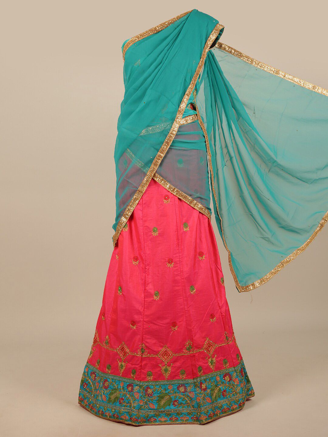 Pothys Green & Pink Embroidered Unstitched Lehenga & Blouse With Dupatta Price in India