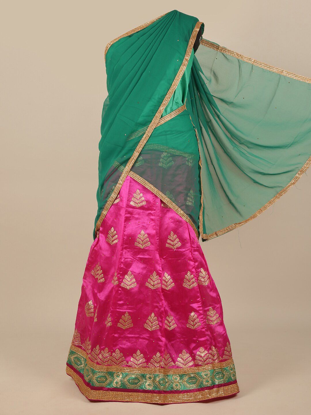 Pothys Green & Fuchsia Embroidered Thread Work Unstitched Lehenga & Blouse With Dupatta Price in India