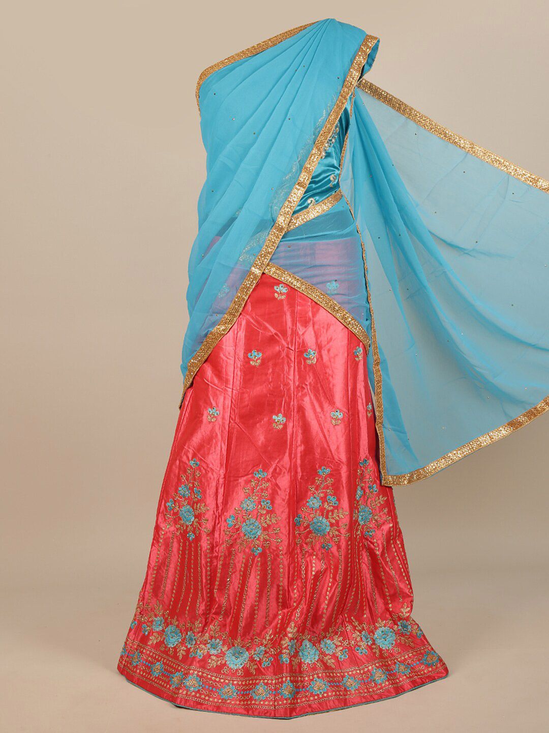 Pothys Woman Blue & Pink Embellished Unstitched Lehenga & Blouse With Dupatta Price in India