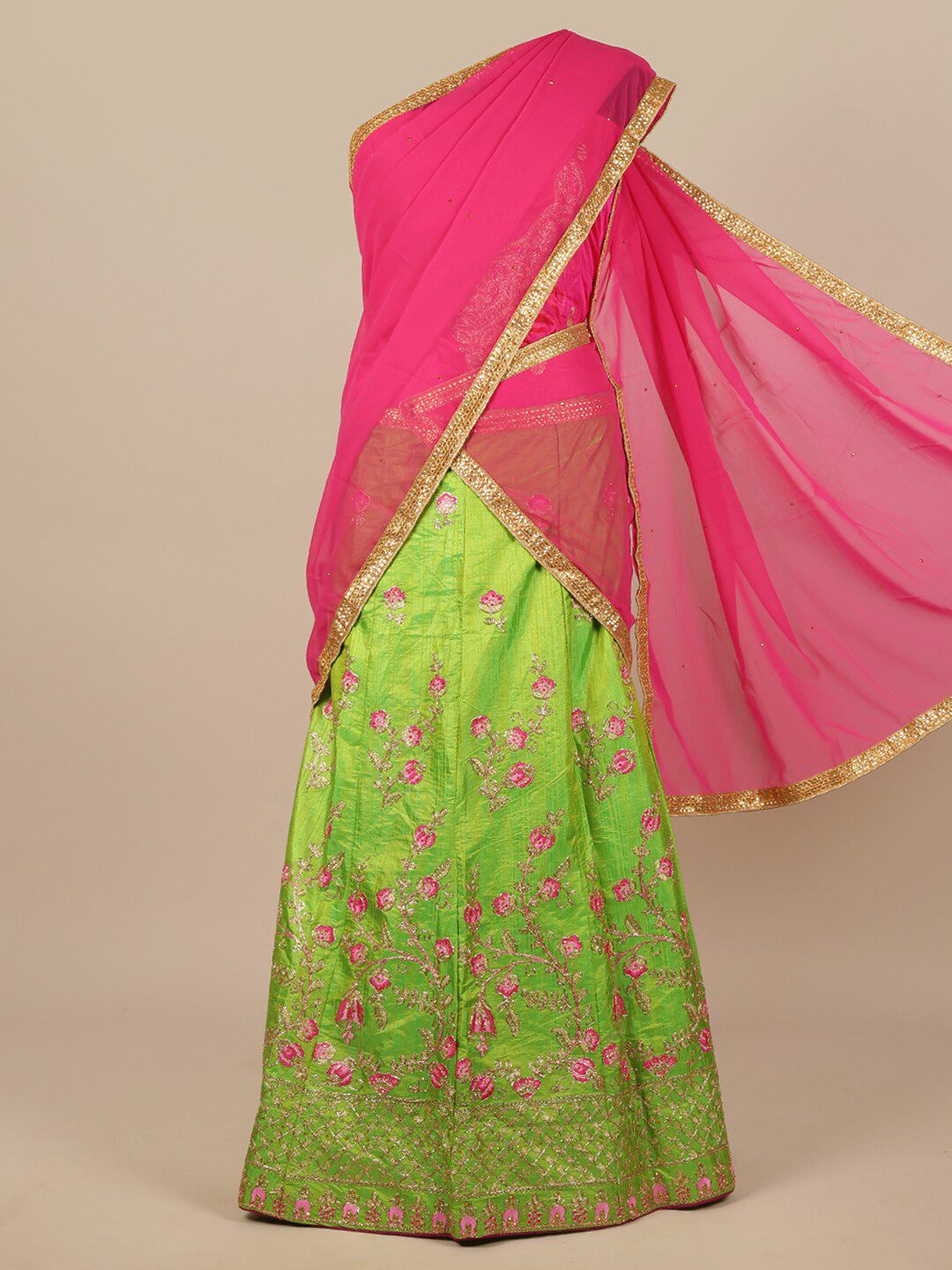 Pothys Pink & Green Embroidered Unstitched Lehenga & Blouse With Dupatta Price in India