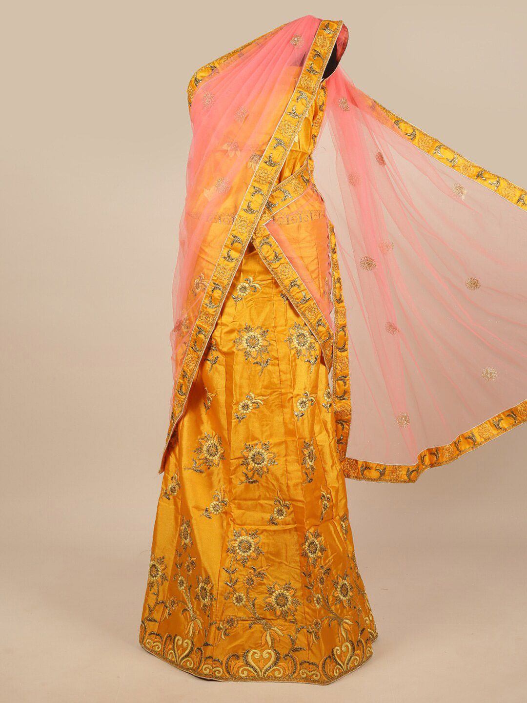 Pothys Pink & Yellow Embroidered Unstitched Lehenga & Blouse With Dupatta Price in India