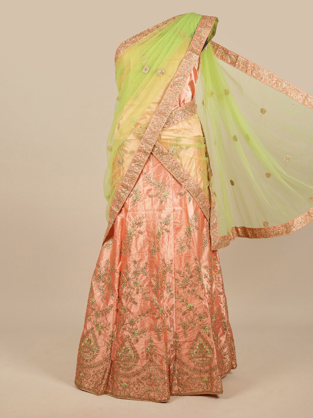 Pothys Green & Orange Embroidered Unstitched Lehenga & Blouse With Dupatta Price in India