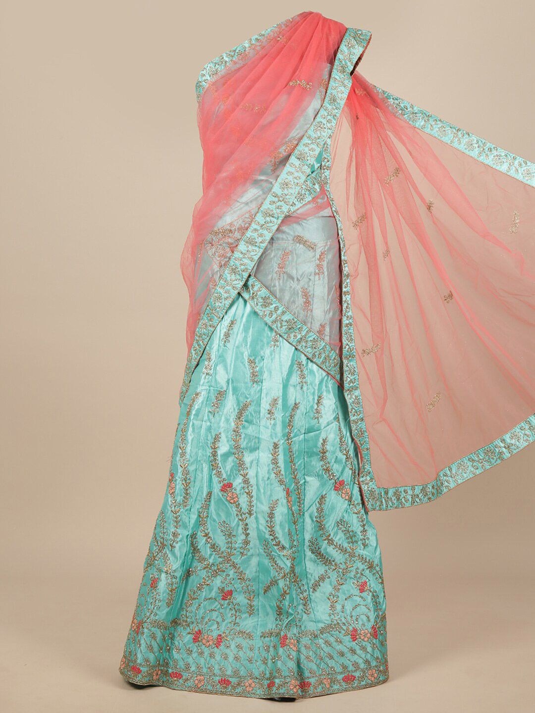 Pothys Pink & Blue Embroidered Unstitched Net Lehenga & Blouse With Dhavani Price in India