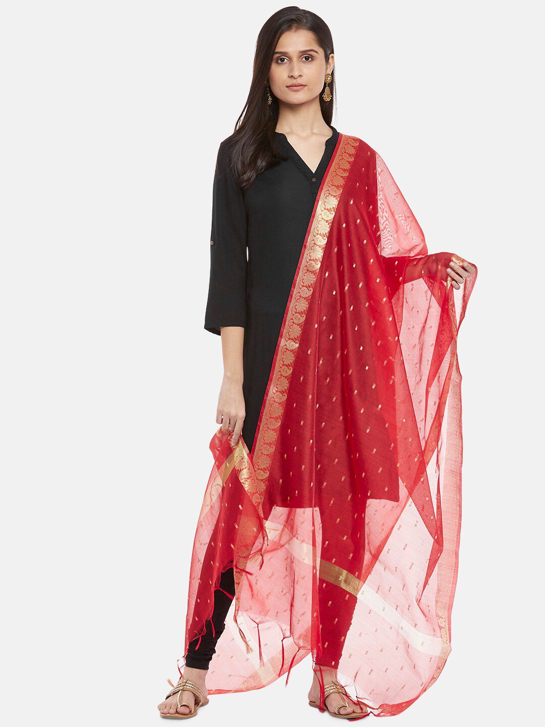 RANGMANCH BY PANTALOONS Red & Gold-Toned Ethnic Motifs Woven Design Dupatta With Zari Price in India