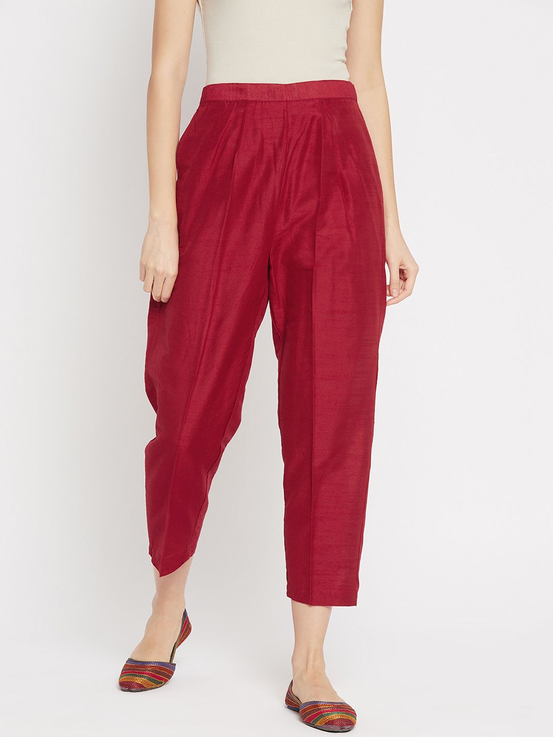 Clora Creation Women Maroon Easy Wash Pleated Cigarette Trousers Price in India