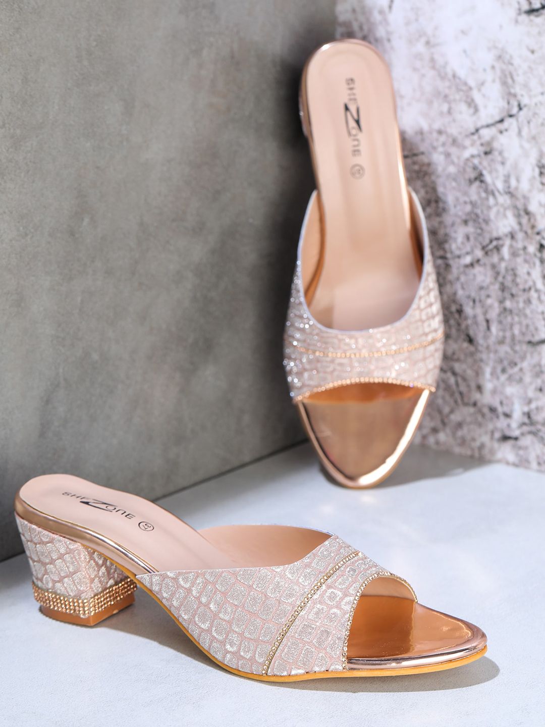 Shezone Rose Gold Embellished Party Block Heels Price in India