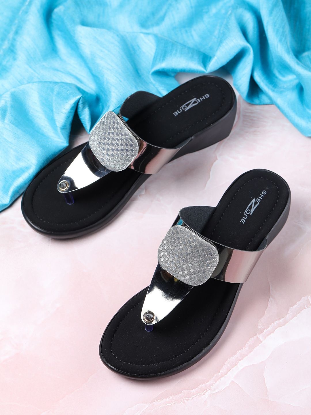 Shezone Silver-Toned & Black Wedge Sandals Price in India