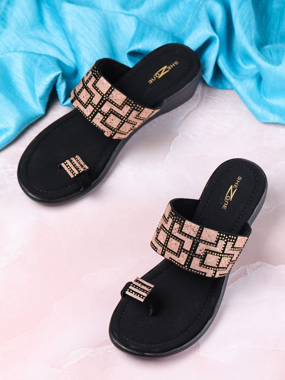 Shezone Peach-Coloured & Black Wedge Sandals Price in India