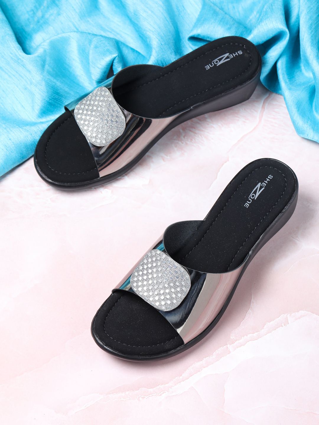 Shezone Grey Embellished Block Sandals Price in India