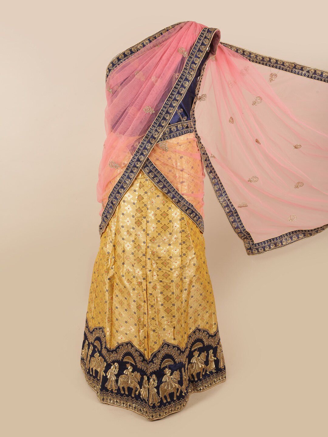 Pothys Cream-Coloured & Pink Embroidered Thread Work Unstitched Lehenga & Blouse With Dupatta Price in India