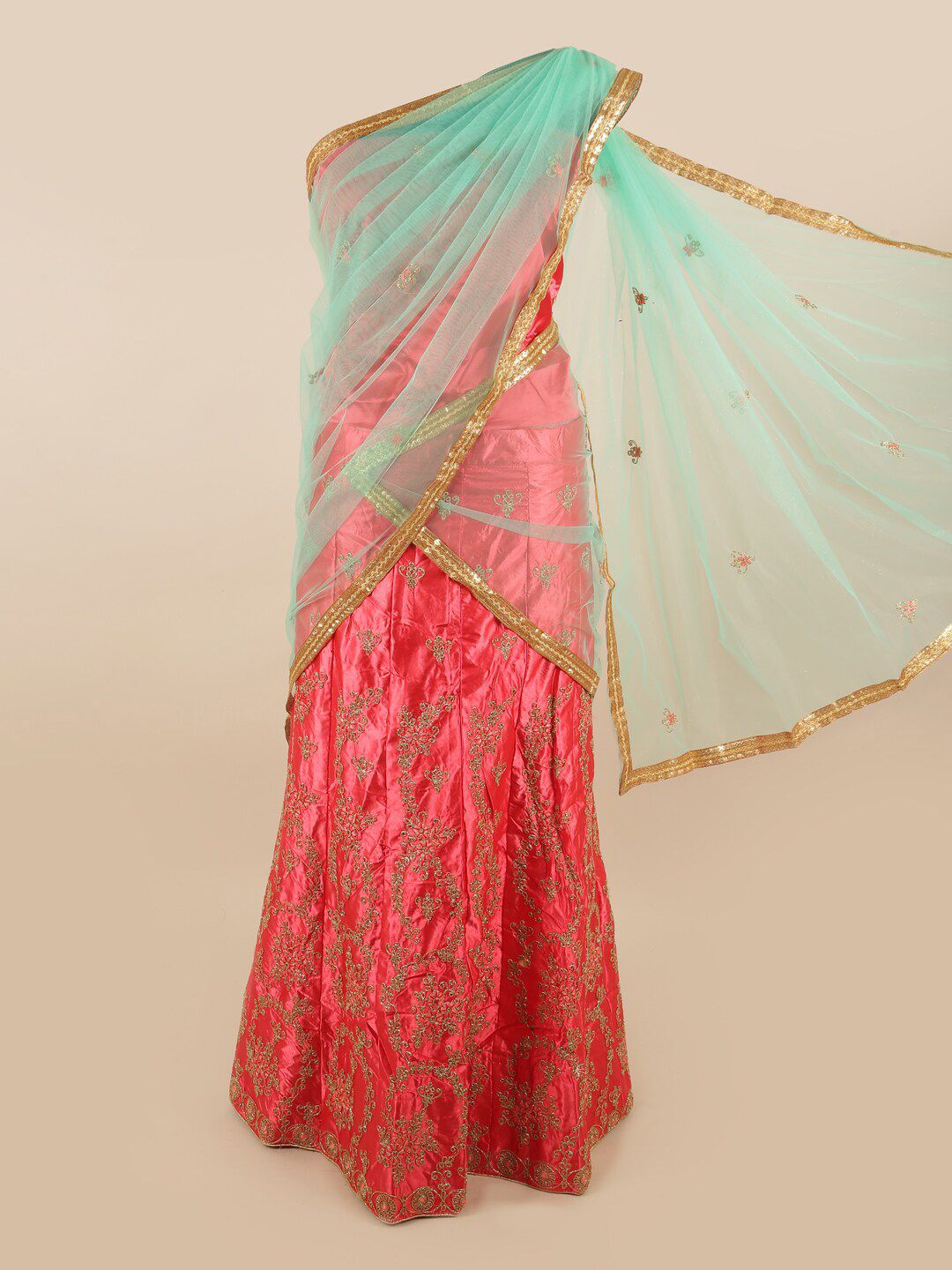 Pothys Pink & Blue Embroidered Unstitched Lehenga & Blouse With Dupatta Price in India