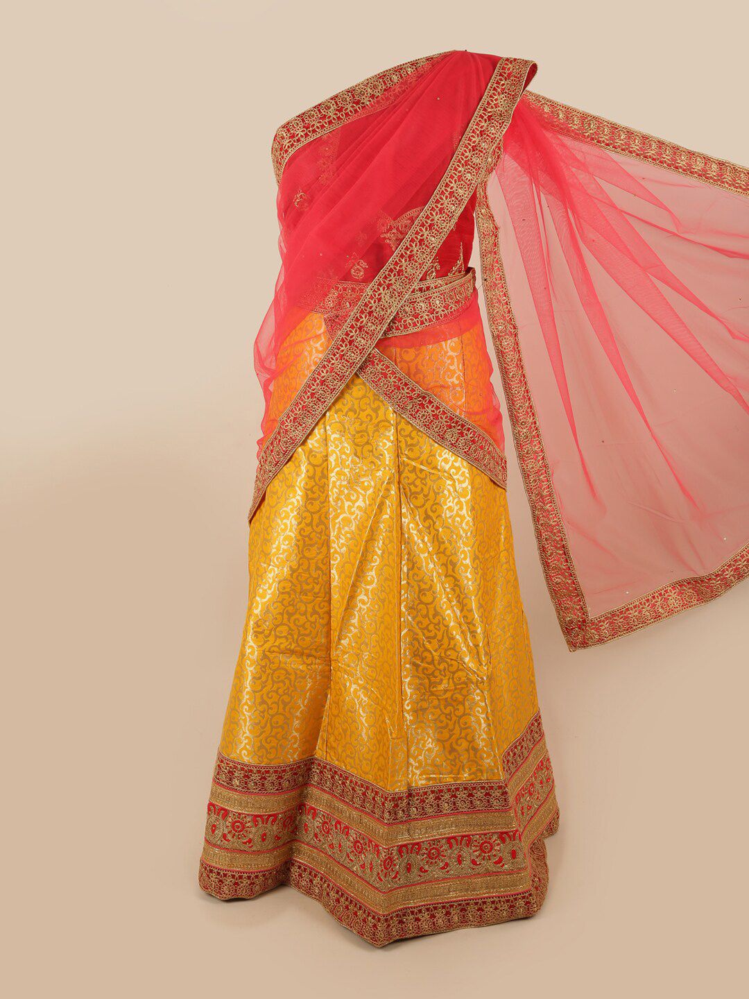 Pothys Woman Pink & Yellow Embroidered Unstitched Lehenga & Blouse With Dupatta Price in India