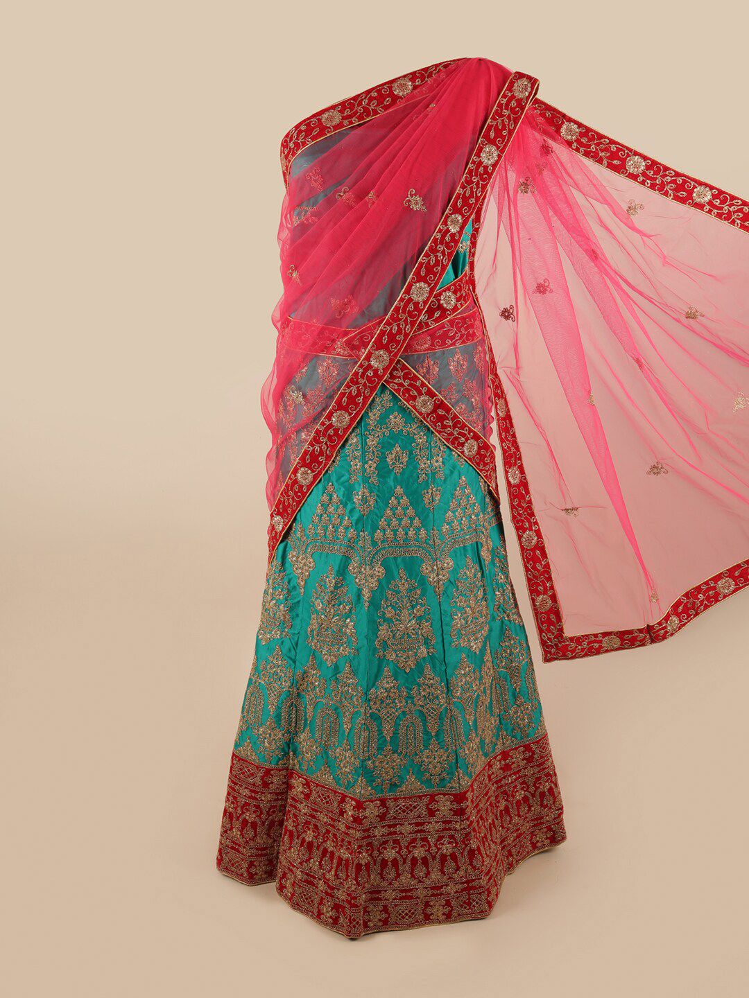 Pothys Pink & Green Embroidered Unstitched Lehenga & Blouse With Dupatta Price in India