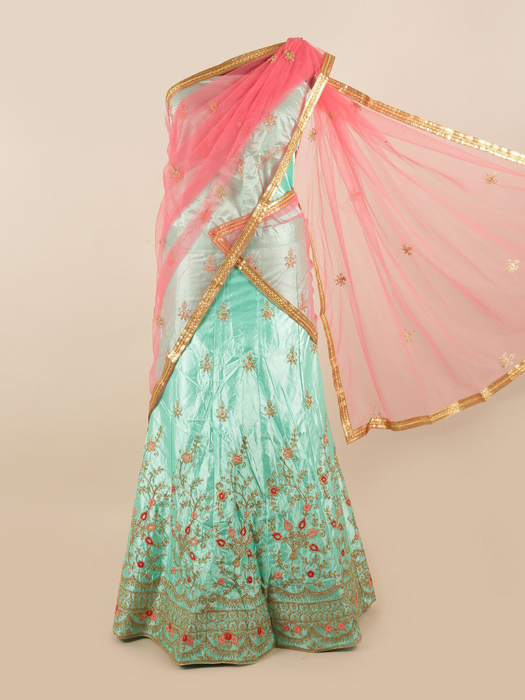 Pothys Pink & Sea Green Embroidered Khari Print Unstitched Lehenga & Blouse With Dupatta Price in India