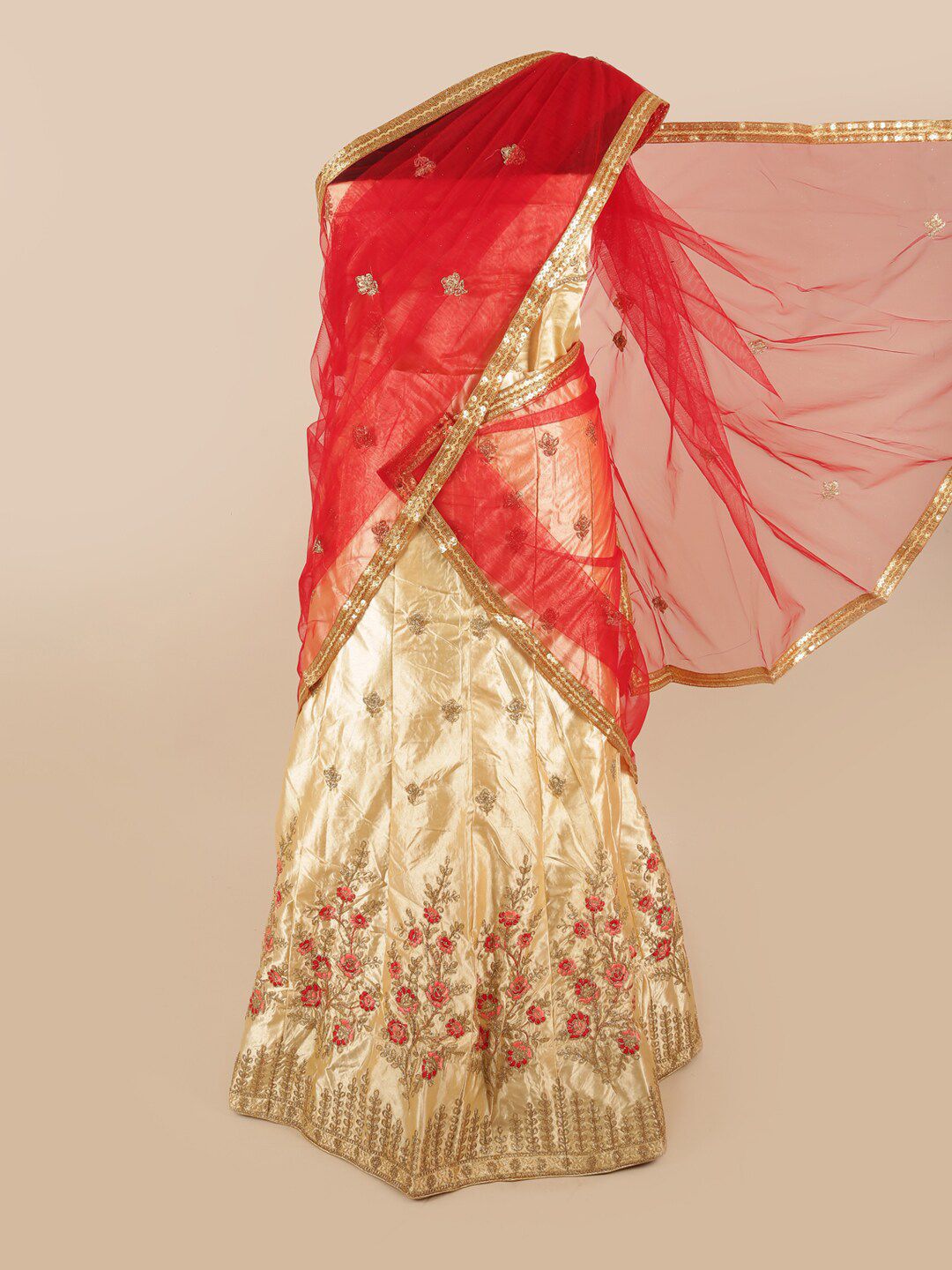 Pothys Red & Gold-Toned Embellished Unstitched Lehenga & Blouse With Dupatta Price in India