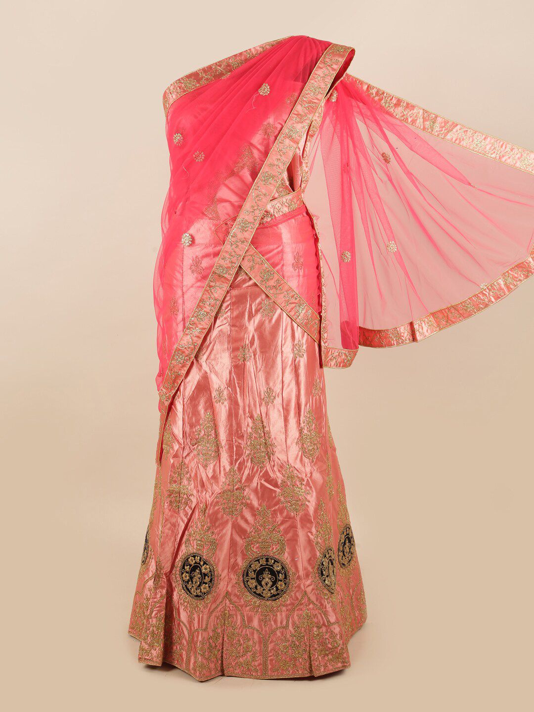 Pothys Pink & Gold-Toned Embroidered Unstitched Lehenga & Blouse With Dupatta Price in India