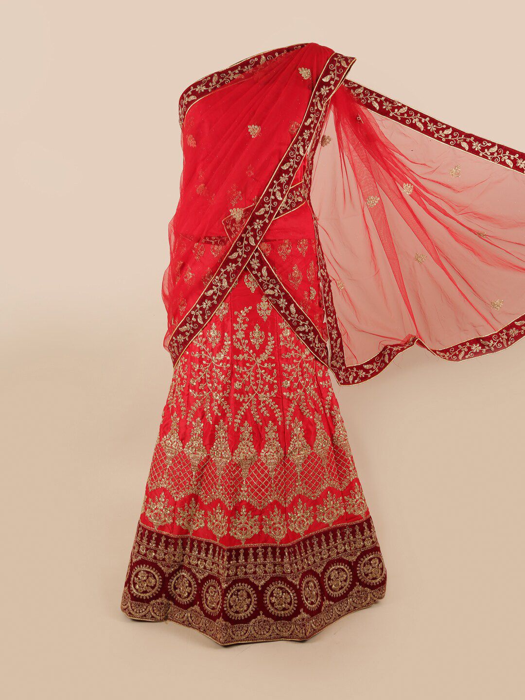 Pothys Red & Gold-Toned Embroidered Unstitched Lehenga & Blouse With Dupatta Price in India