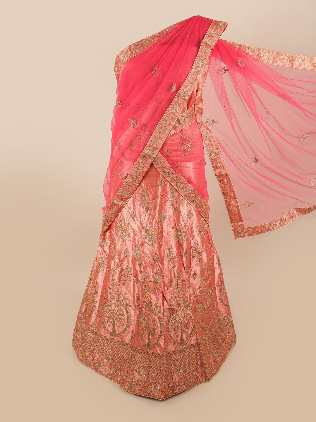 Pothys Pink & Gold-Toned Embroidered Unstitched Lehenga & Blouse With Dupatta Price in India