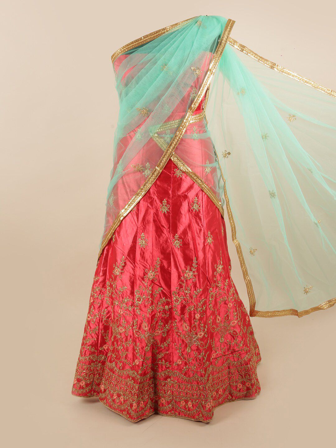 Pothys Green & Pink Embroidered Unstitched Lehenga & Blouse With Dupatta Price in India